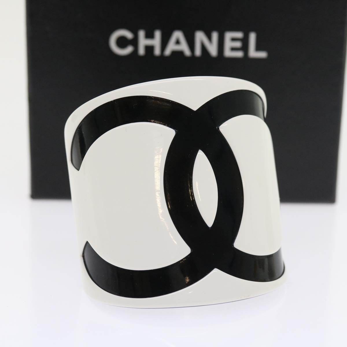 CHANEL Bangle COCO Mark Bracelet Plastic White Black CC Auth am5118