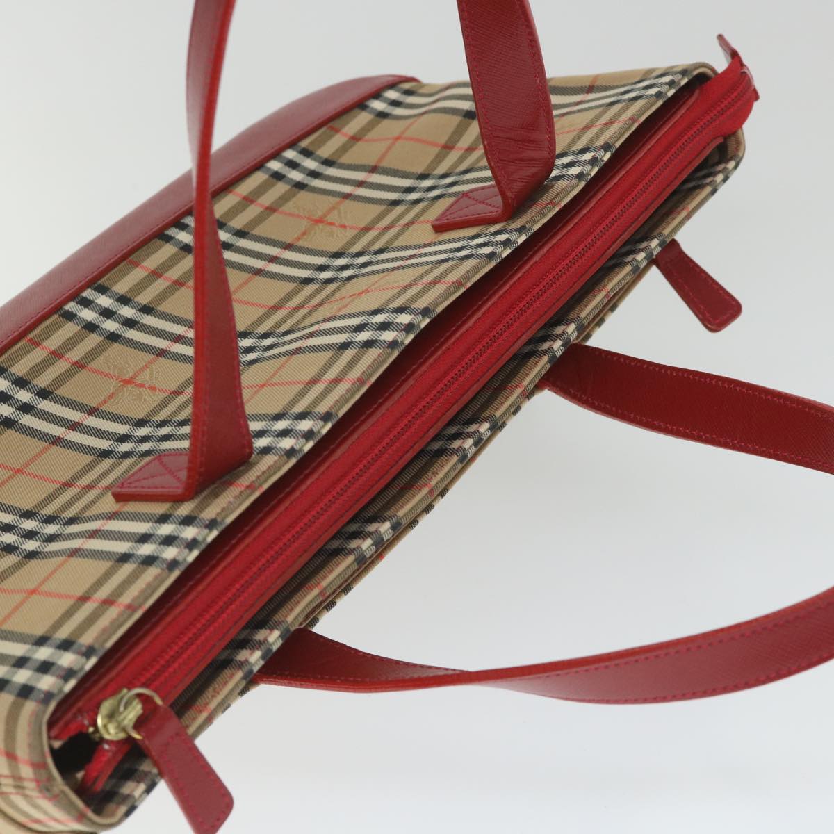 BURBERRY Nova Check Hand Bag Nylon Canvas Beige Red Auth am5133