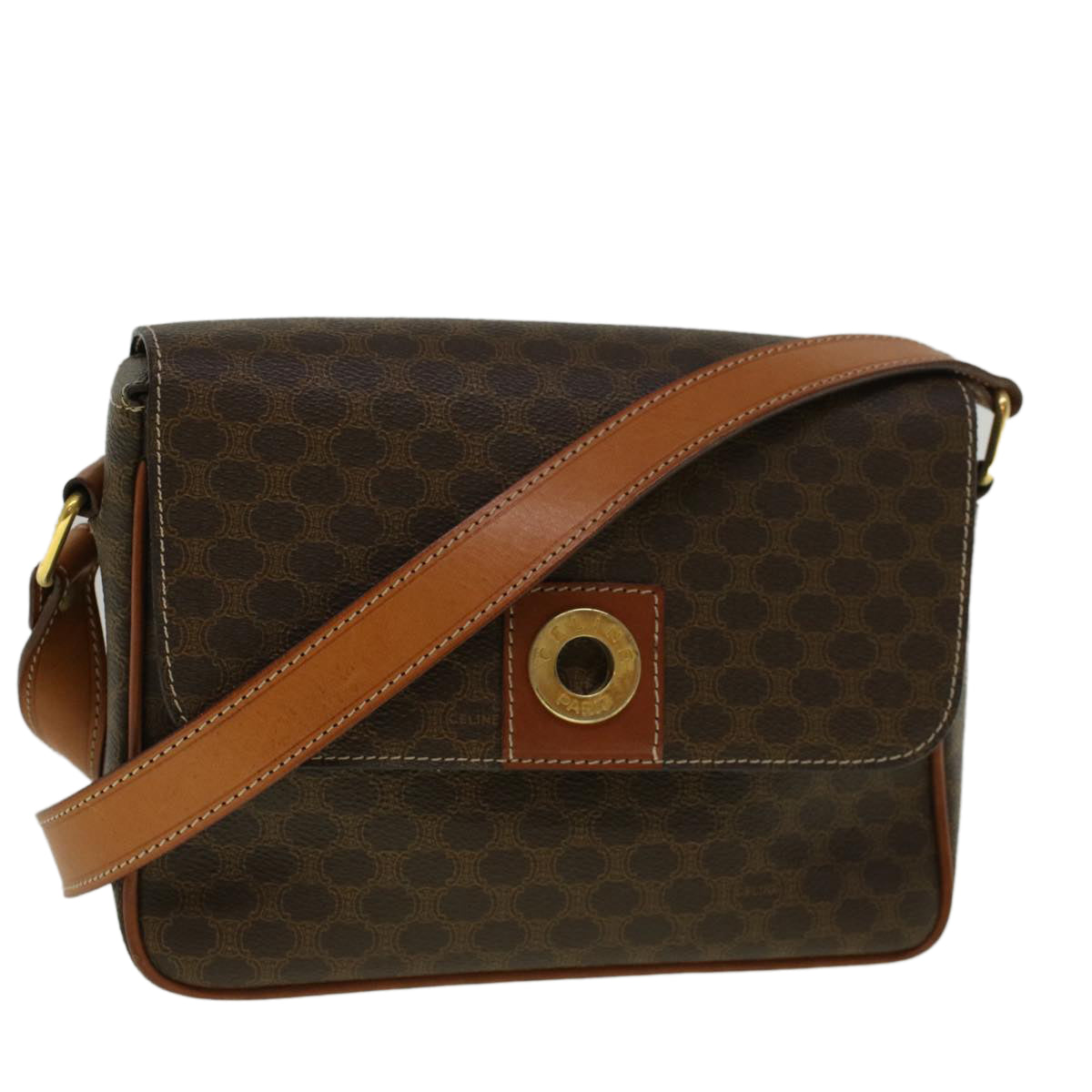 CELINE Macadam Canvas Shoulder Bag PVC Leather Brown Auth am5170