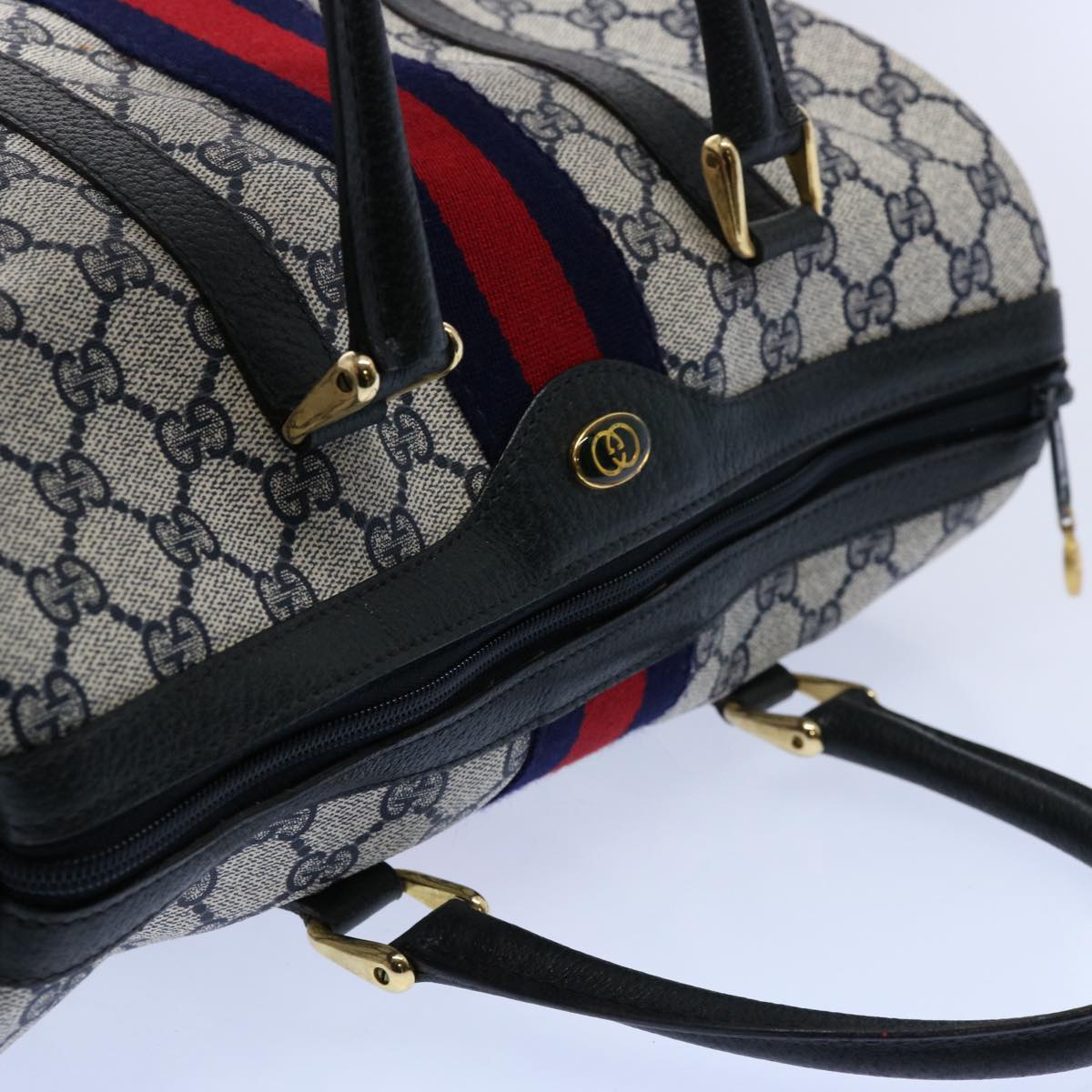 GUCCI GG Supreme Sherry Line Boston Bag PVC Leather Red Navy 40 3842 Auth am5274