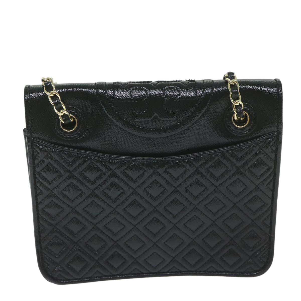 TORY BURCH Quilted Chain Shoulder Bag PVC Leather Black Auth am5283