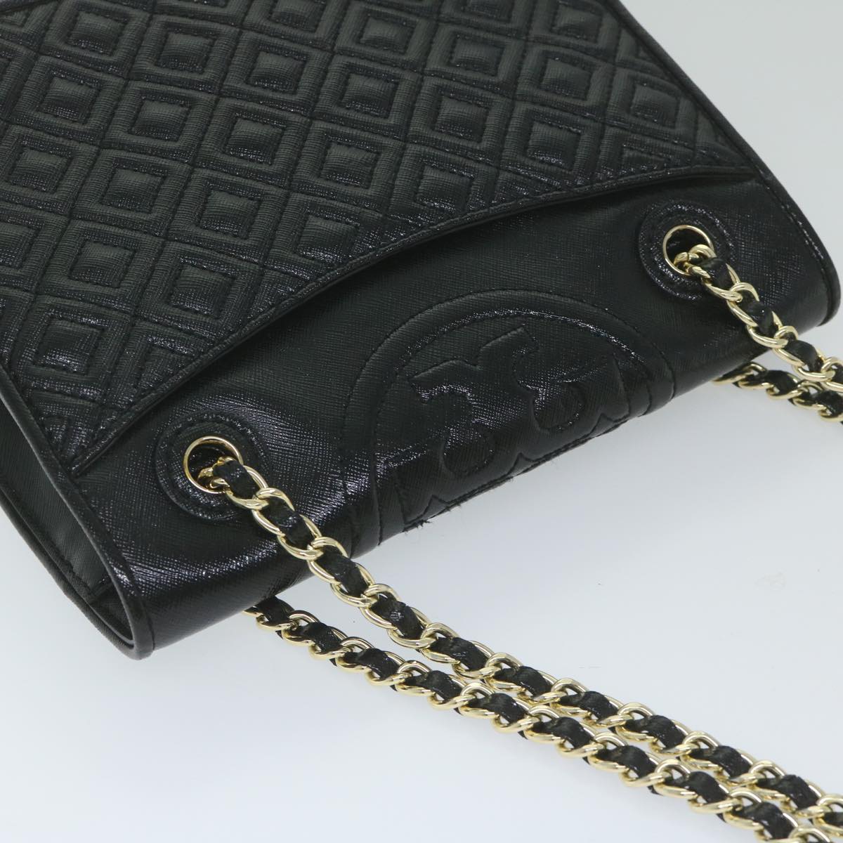 TORY BURCH Quilted Chain Shoulder Bag PVC Leather Black Auth am5283