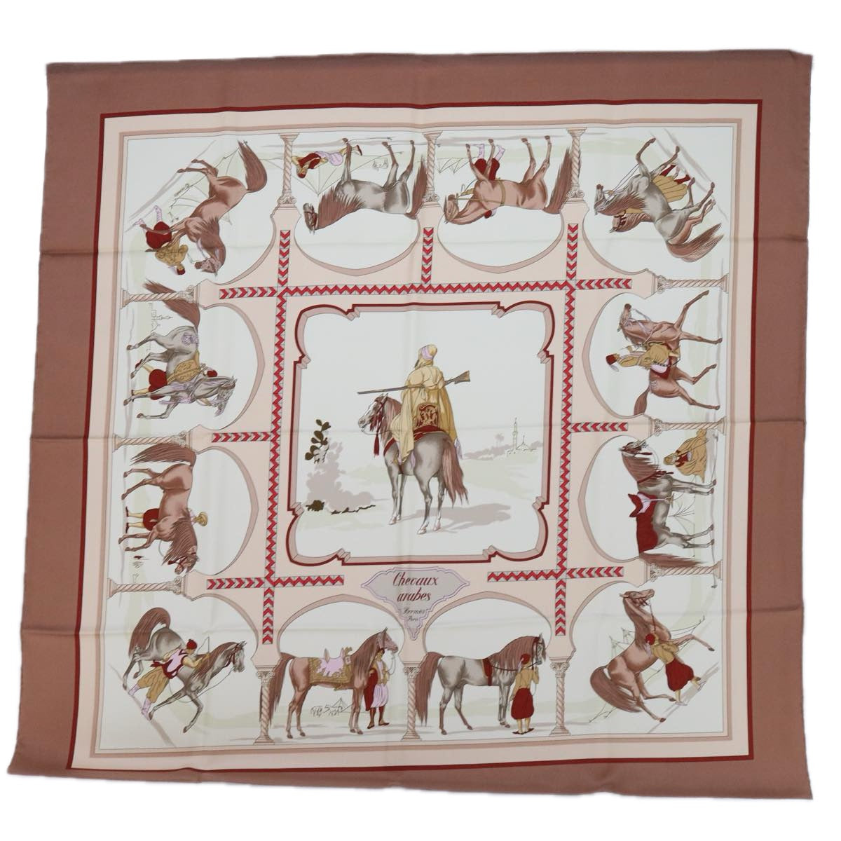 HERMES Carre 90 CHEVAUX ARABES Scarf Silk Brown Auth am5302