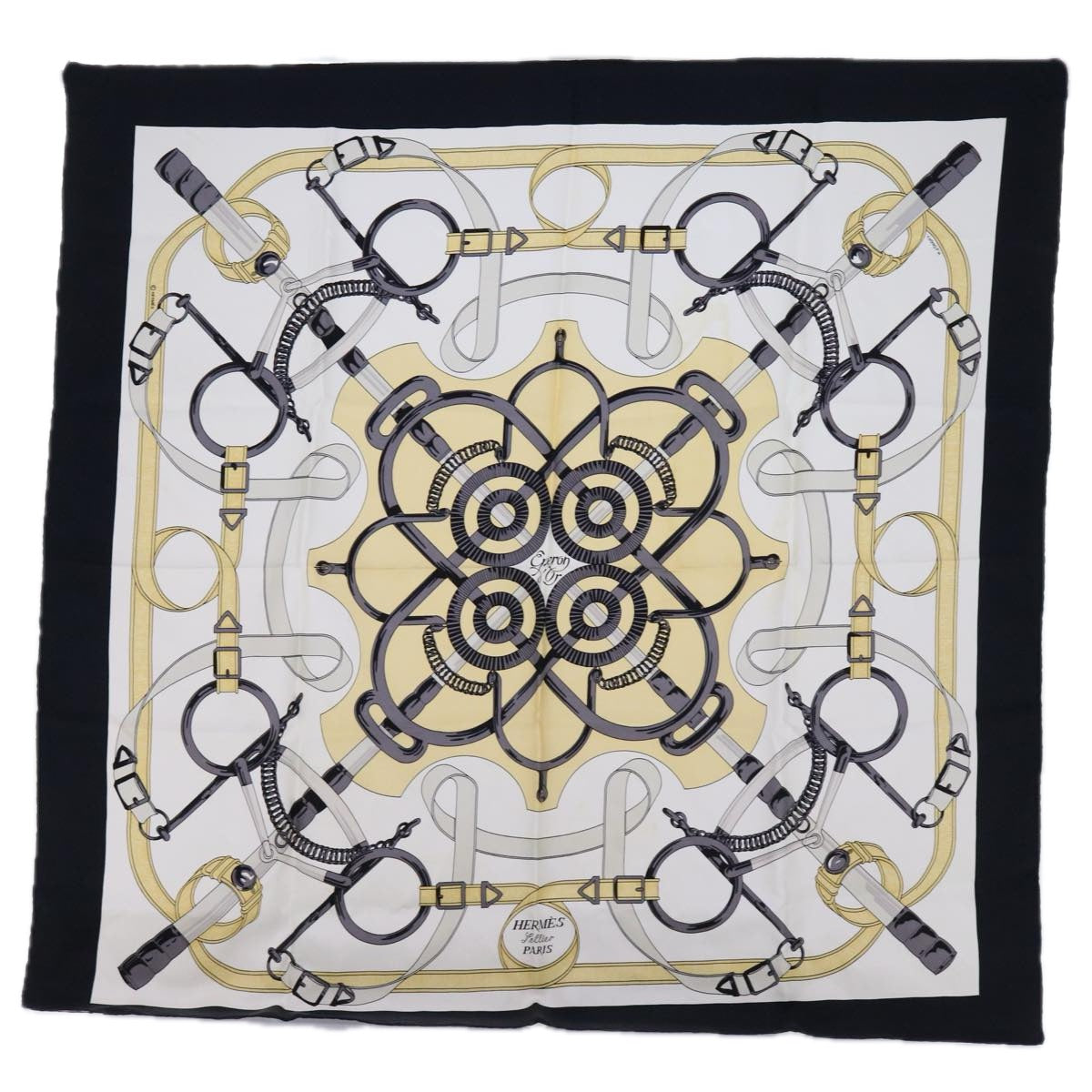 HERMES Carre 90 Eperon d’Or Scarf Silk Black White Auth am5304