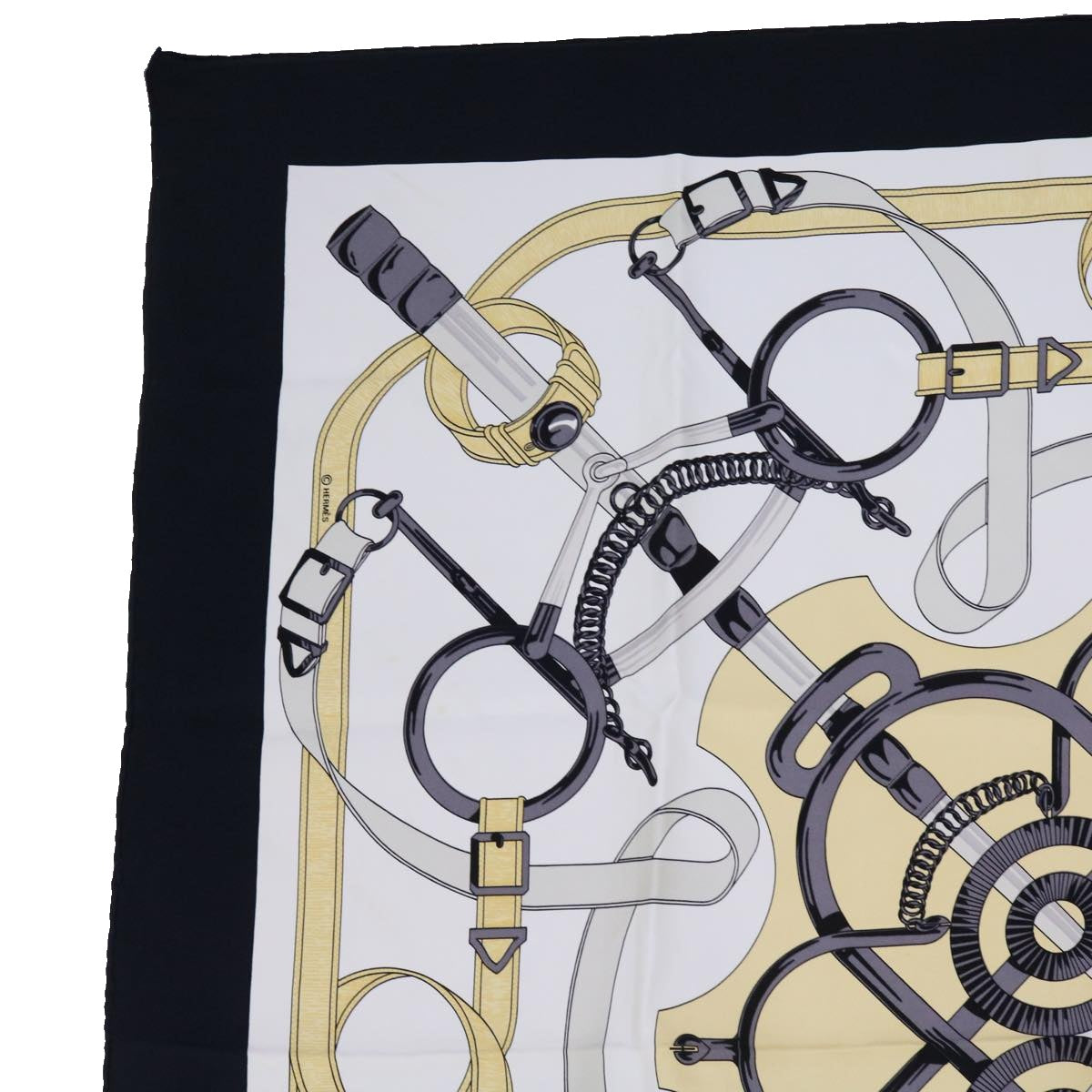 HERMES Carre 90 Eperon d’Or Scarf Silk Black White Auth am5304 - 0