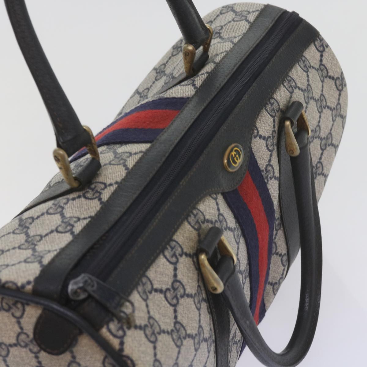 GUCCI GG Supreme Sherry Line Boston Bag PVC Leather Red Navy Auth am5311