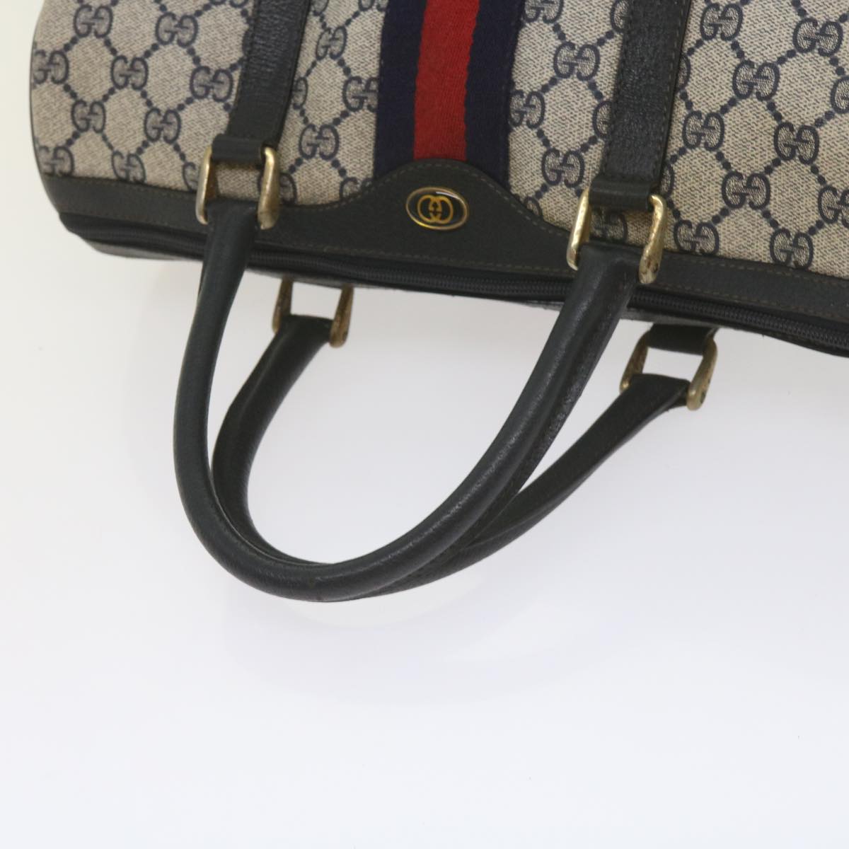 GUCCI GG Supreme Sherry Line Boston Bag PVC Leather Red Navy Auth am5311