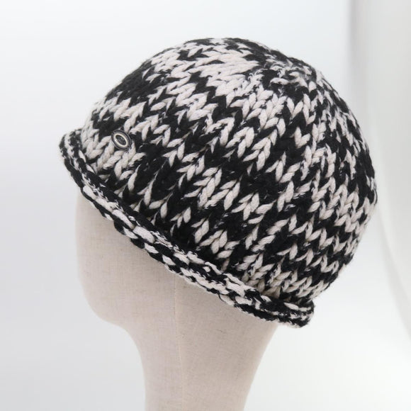 CHANEL COCO Mark Knitted Fabrics Hat Wool Black White CC Auth am5382