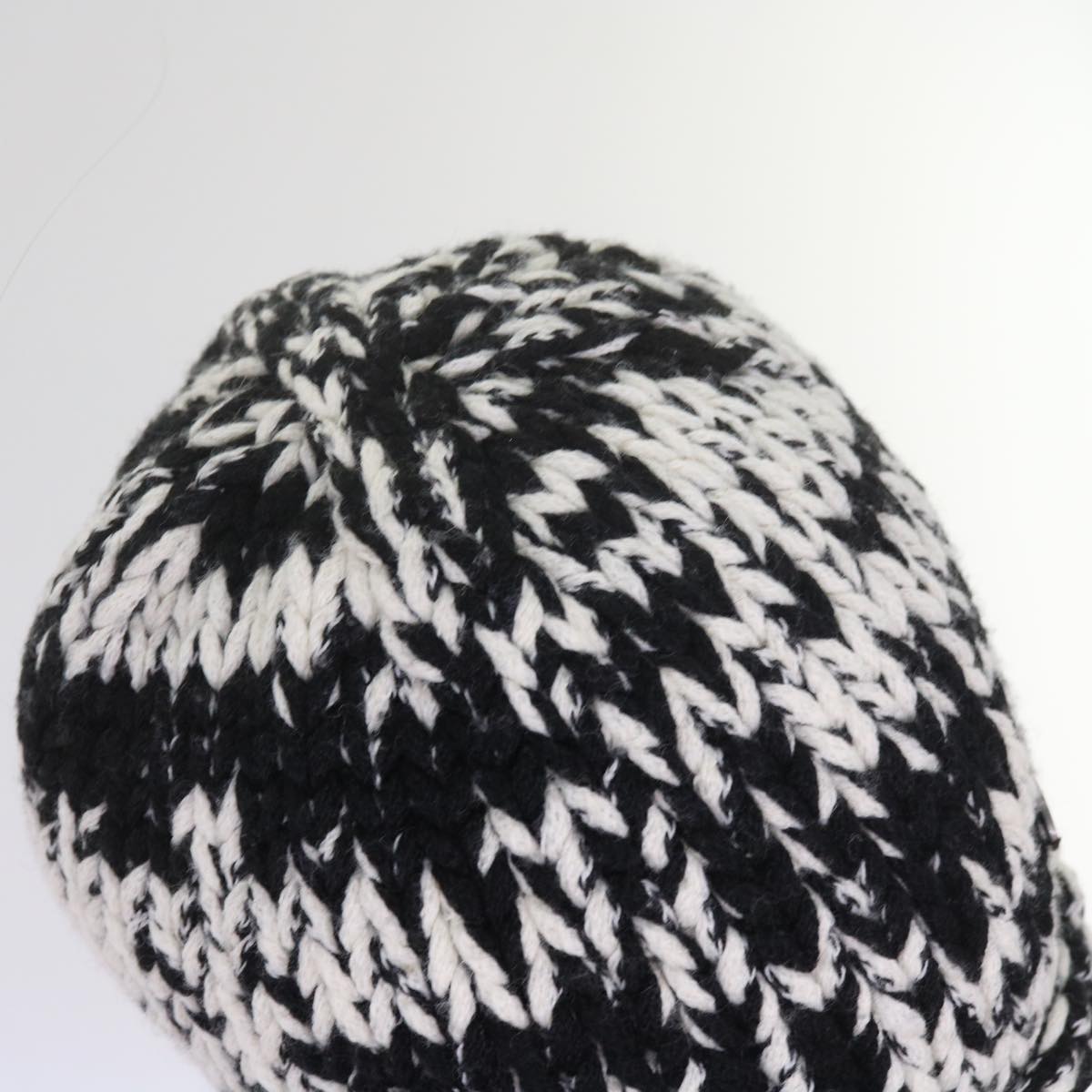 CHANEL COCO Mark Knitted Fabrics Hat Wool Black White CC Auth am5382