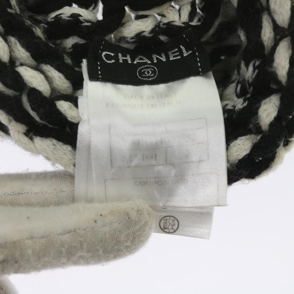 CHANEL COCO Mark Knitted Fabrics Hat Wool Black White CC Auth am5382