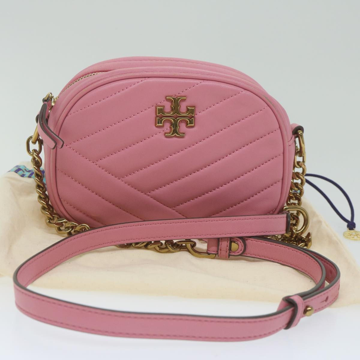 TORY BURCH Quilted Chain Shoulder Bag Leather Pink Auth am5420