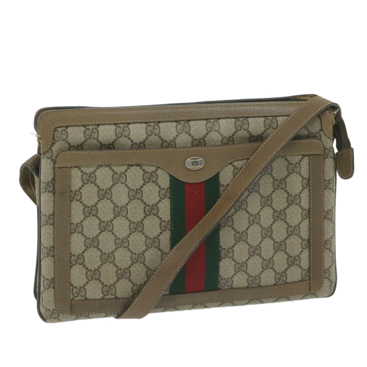 GUCCI GG Canvas Sherry Line Shoulder Bag PVC Beige Green Red Auth am5452