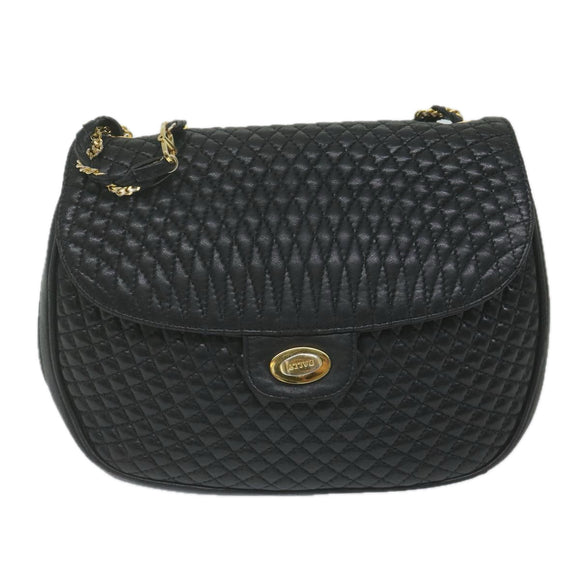 BALLY Quilted Chain Shoulder Bag Leather Black Auth am5550