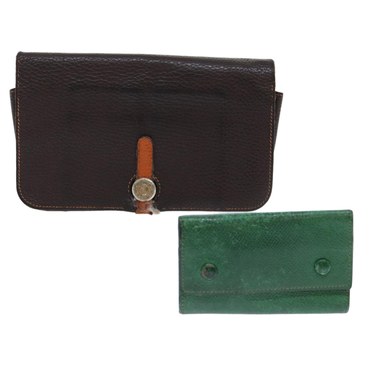 HERMES Key Case Card Case Leather 2Set Brown Green Auth ar10060B