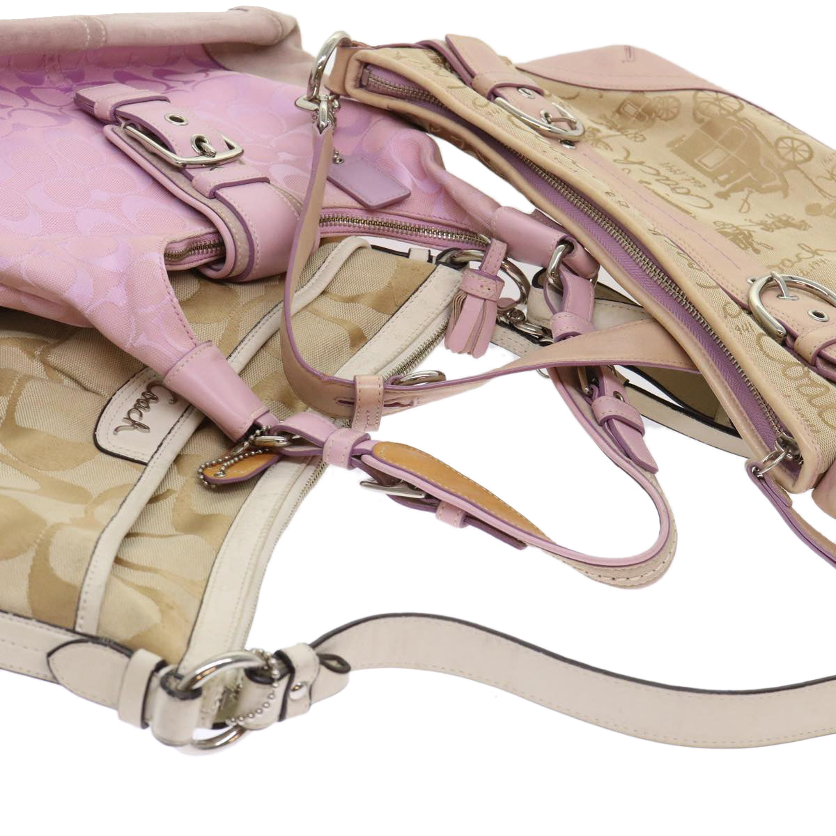 Coach Signature Shoulder Bag Canvas 3Set Beige Pink Auth ar10125