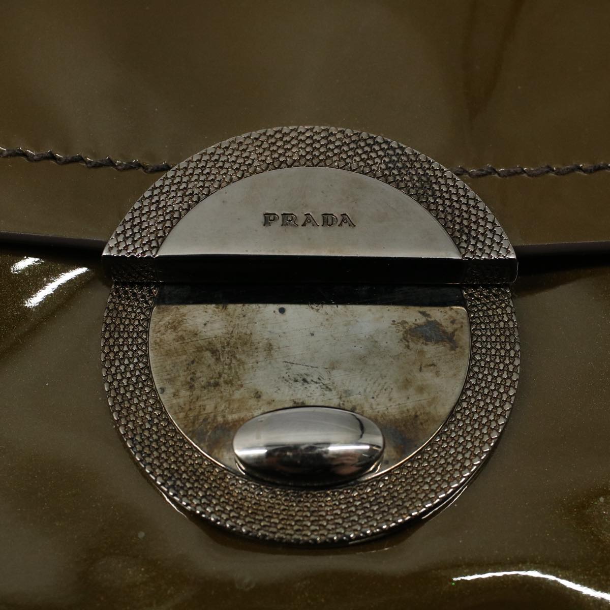 PRADA Fringe Shoulder Bag Patent leather Khaki Auth ar10235