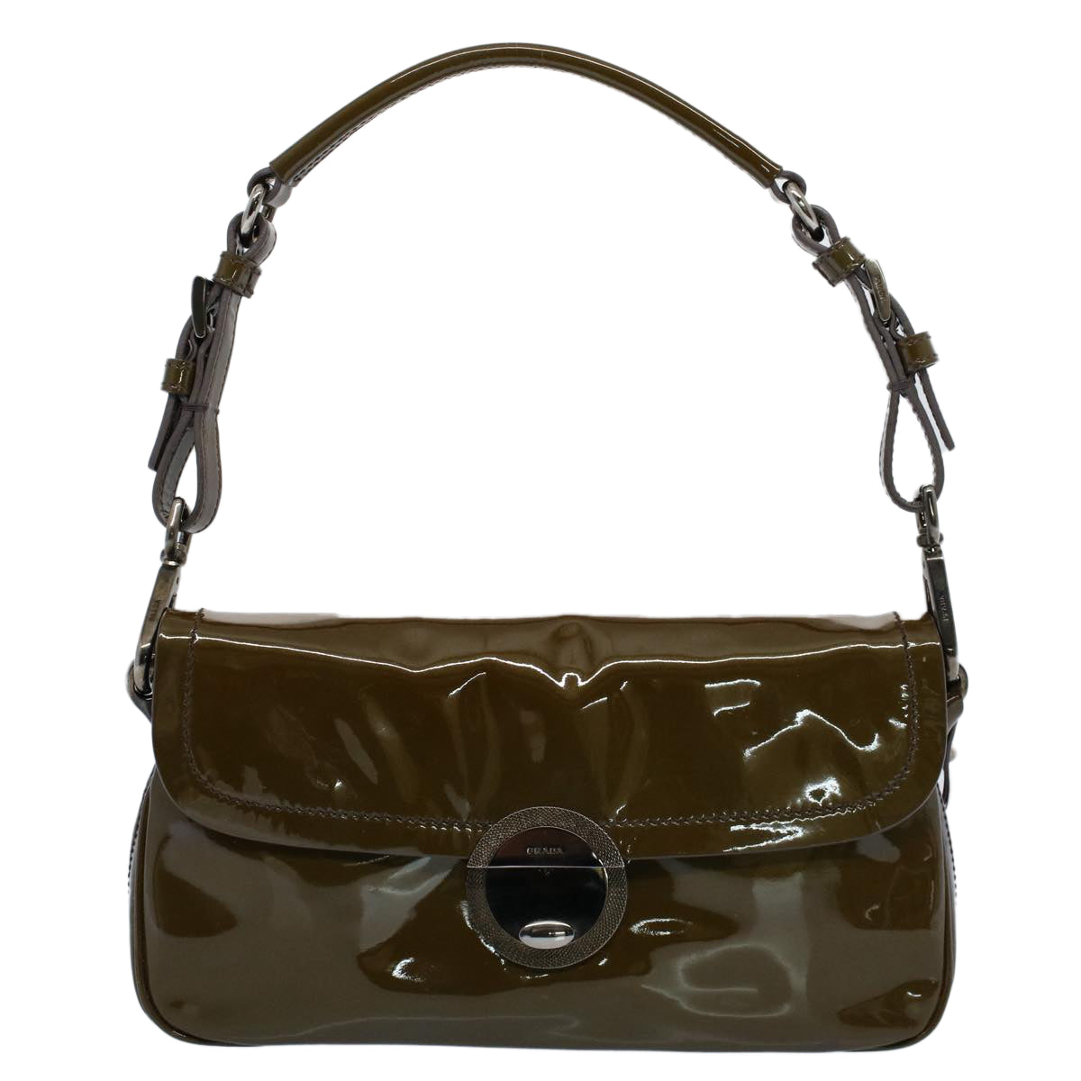 PRADA Fringe Shoulder Bag Patent leather Khaki Auth ar10235