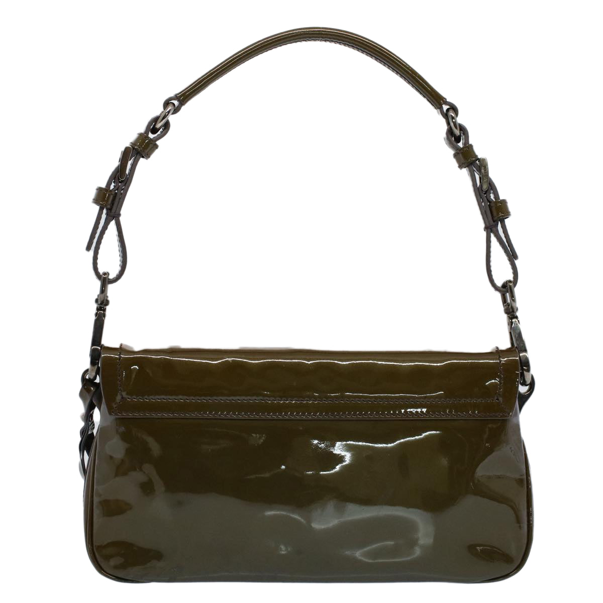 PRADA Fringe Shoulder Bag Patent leather Khaki Auth ar10235 - 0