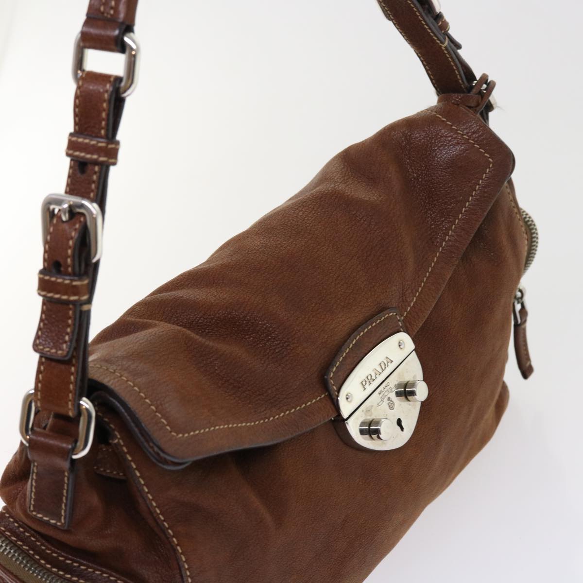 PRADA Shoulder Bag Leather Brown Auth ar10240