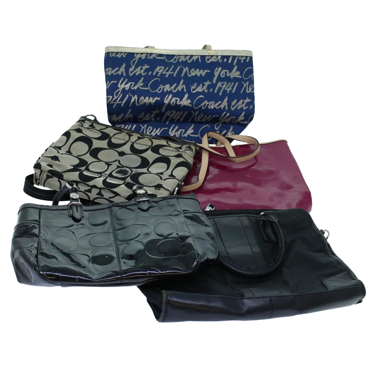 Coach Signature Shoulder Bag Canvas Leather Patent 5Set Beige Pink Auth ar10256