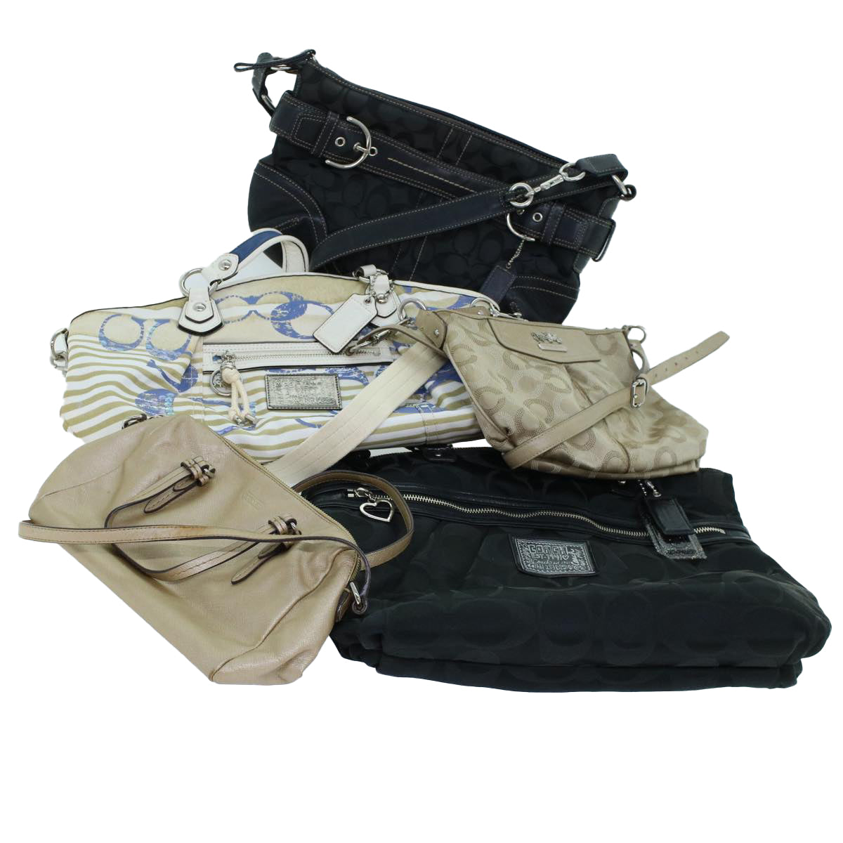 Coach Signature Shoulder Bag Canvas 5Set Beige Black Auth ar10259