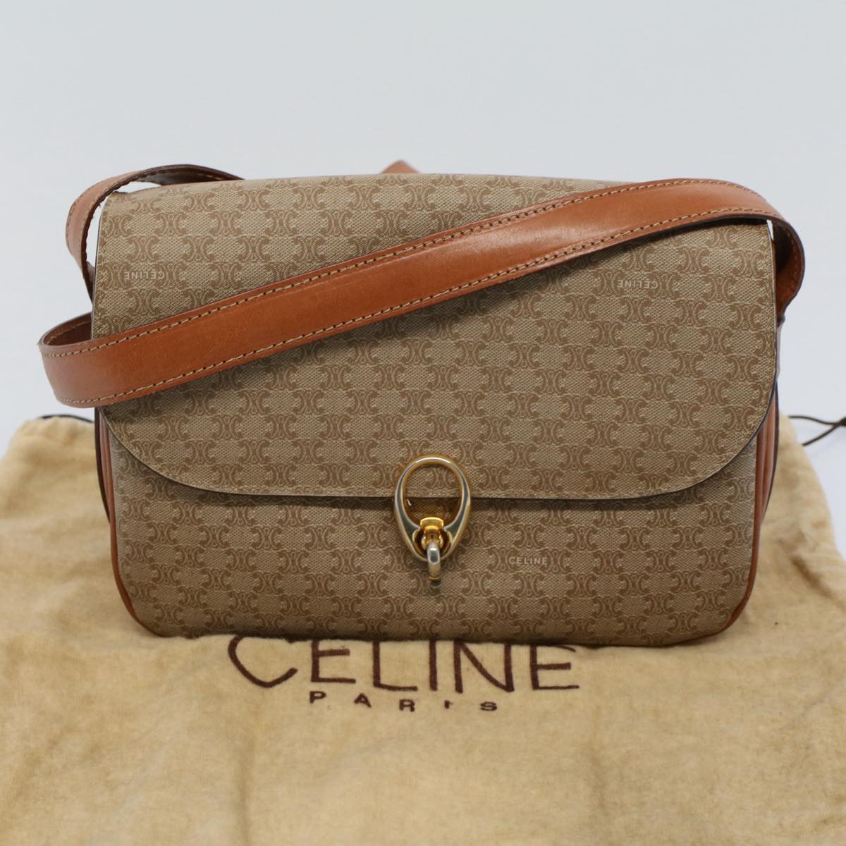 CELINE Macadam Canvas Shoulder Bag Beige Auth ar10274