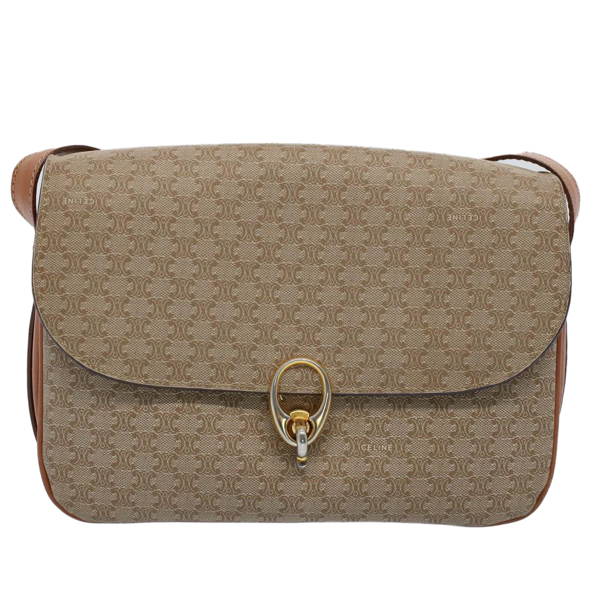 CELINE Macadam Canvas Shoulder Bag Beige Auth ar10274