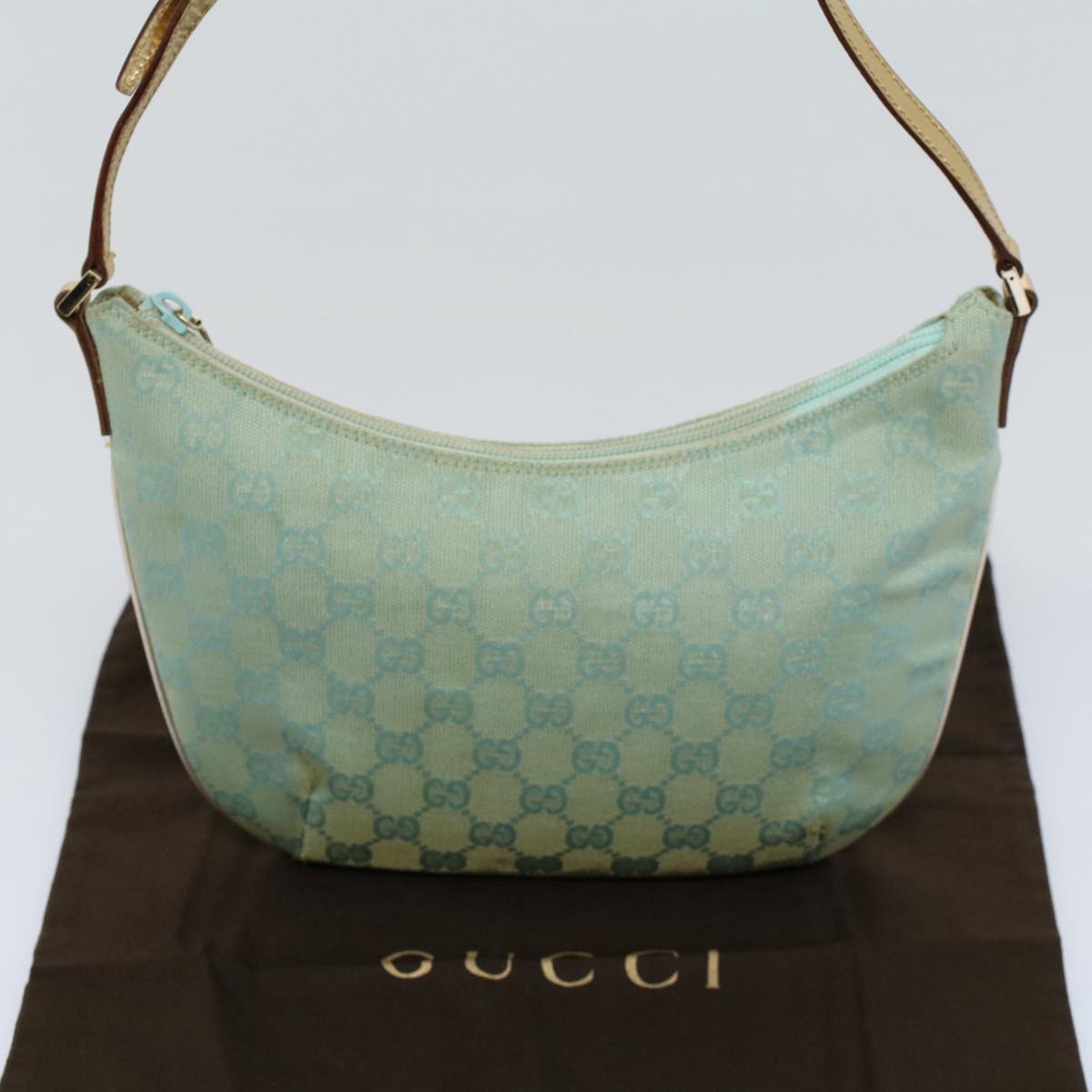 GUCCI GG Canvas Shoulder Bag Light Blue Gold Auth ar10312