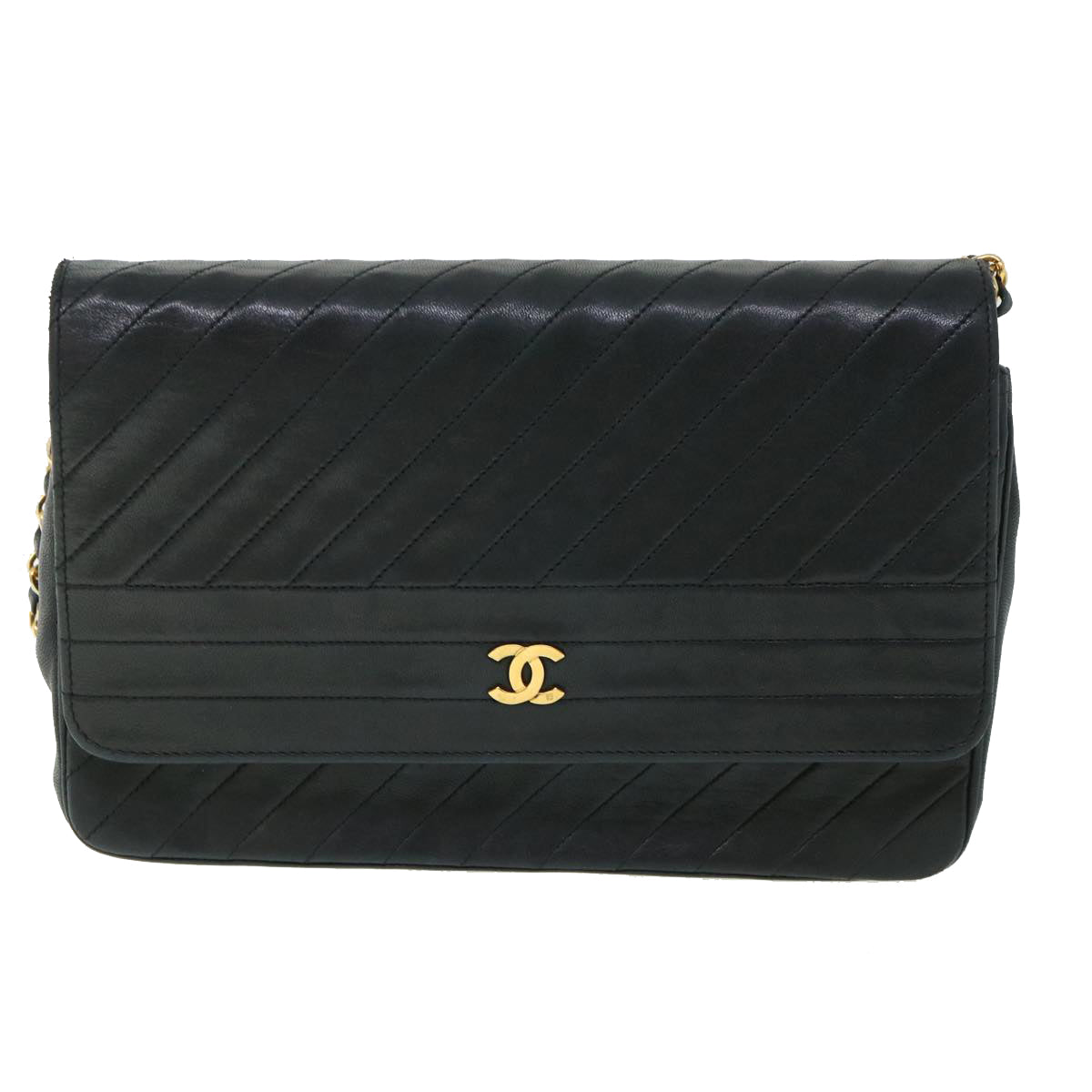 CHANEL Quilted Chain Shoulder Bag Lamb Skin Black CC Auth ar10332