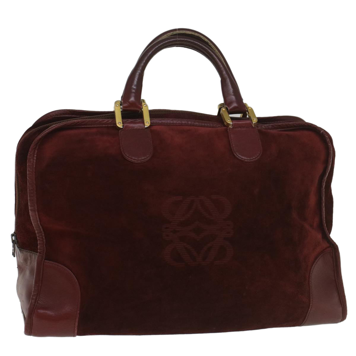 LOEWE Anagram Boston Bag Suede Leather Wine Red Auth ar10413