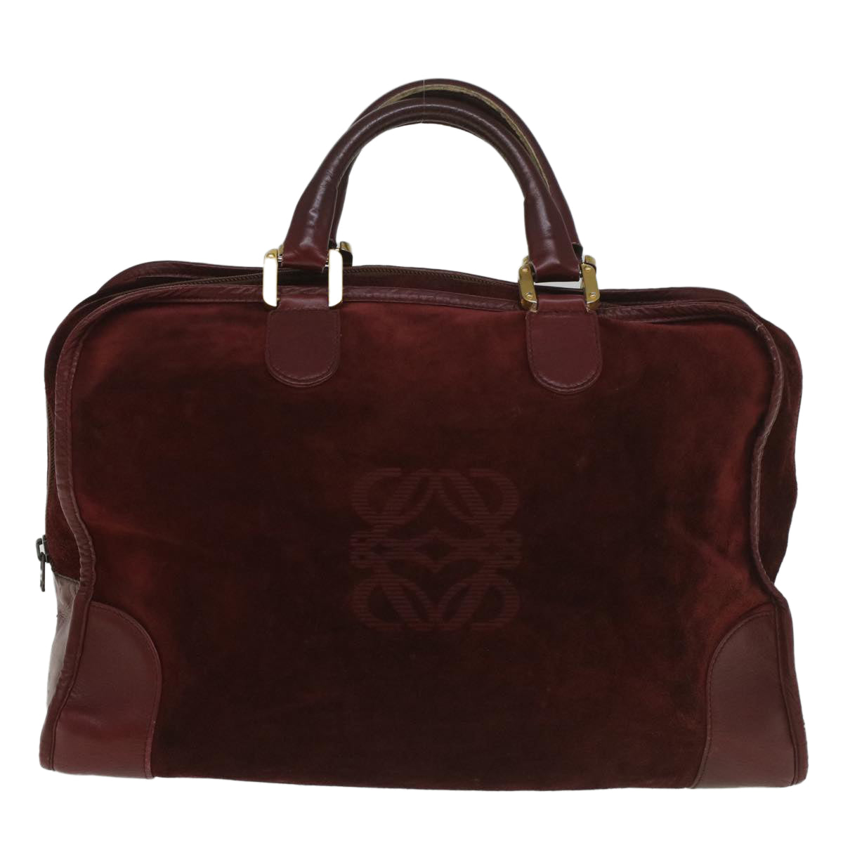 LOEWE Anagram Boston Bag Suede Leather Wine Red Auth ar10413