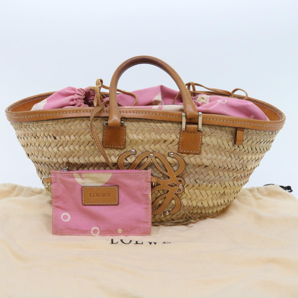 LOEWE Hand Bag Straw Beige Auth ar10494