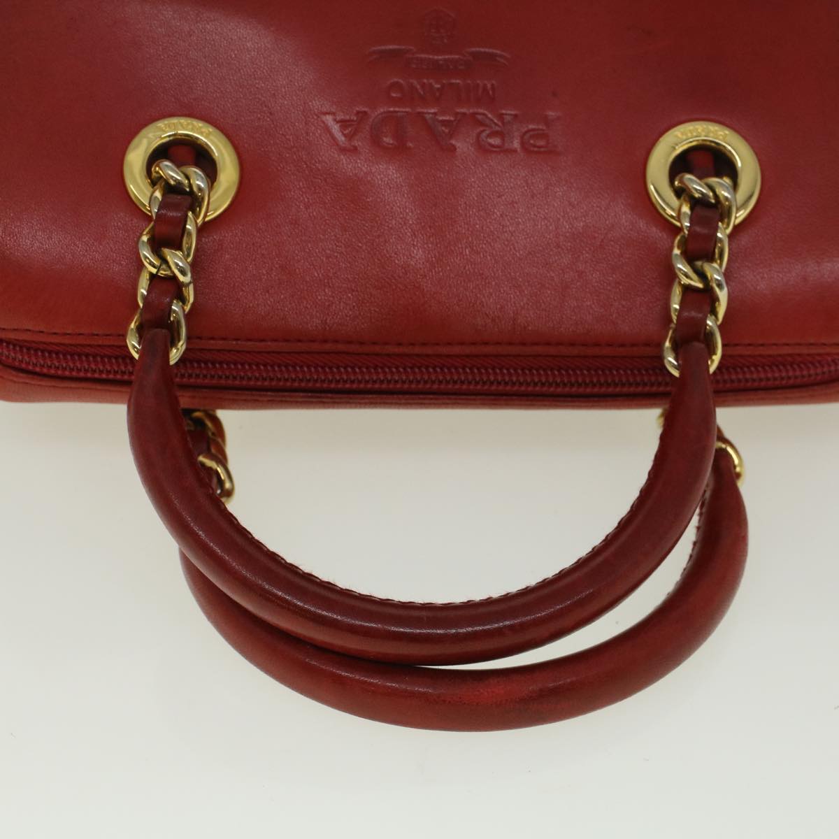 PRADA Chain Hand Bag Leather Red Auth ar10625B