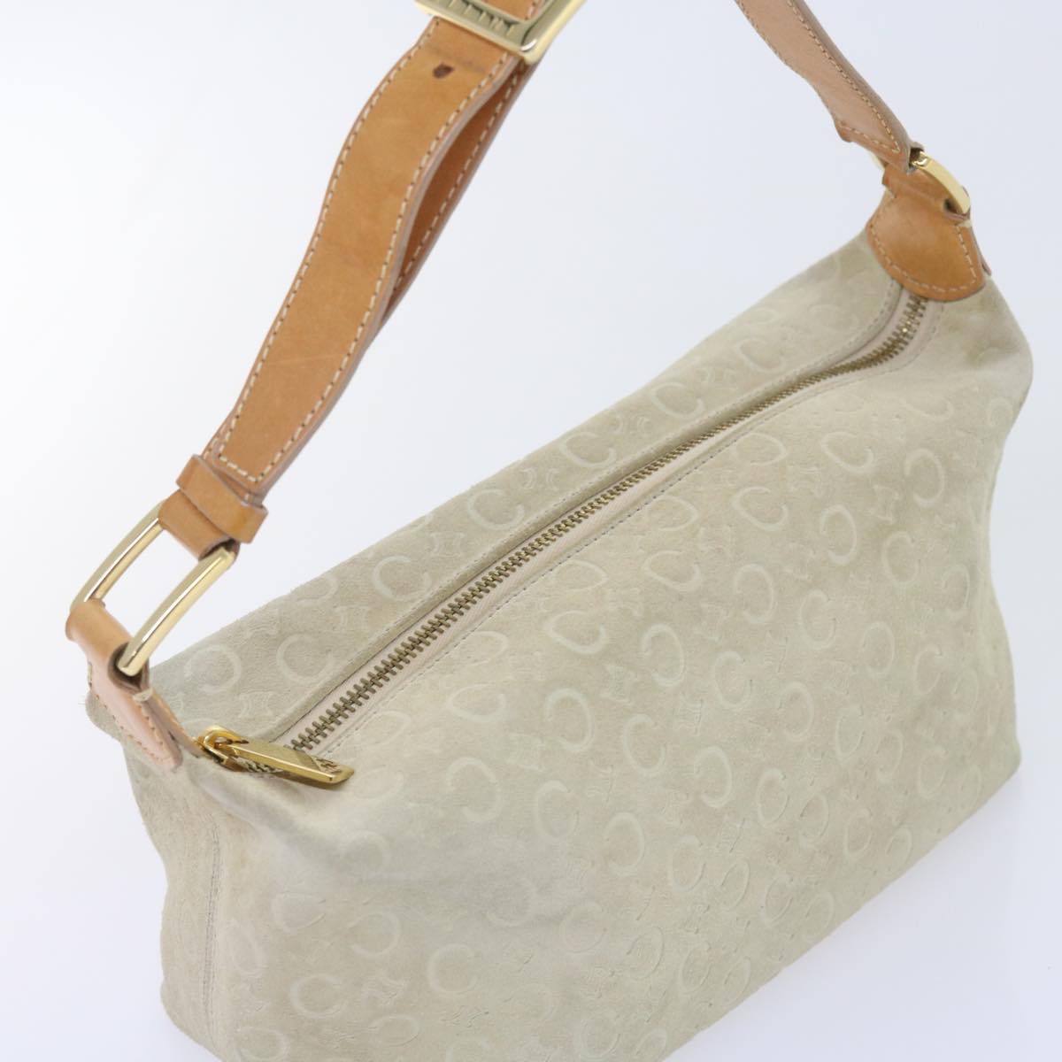 CELINE C Macadam Canvas Shoulder Bag Beige Auth ar10626B