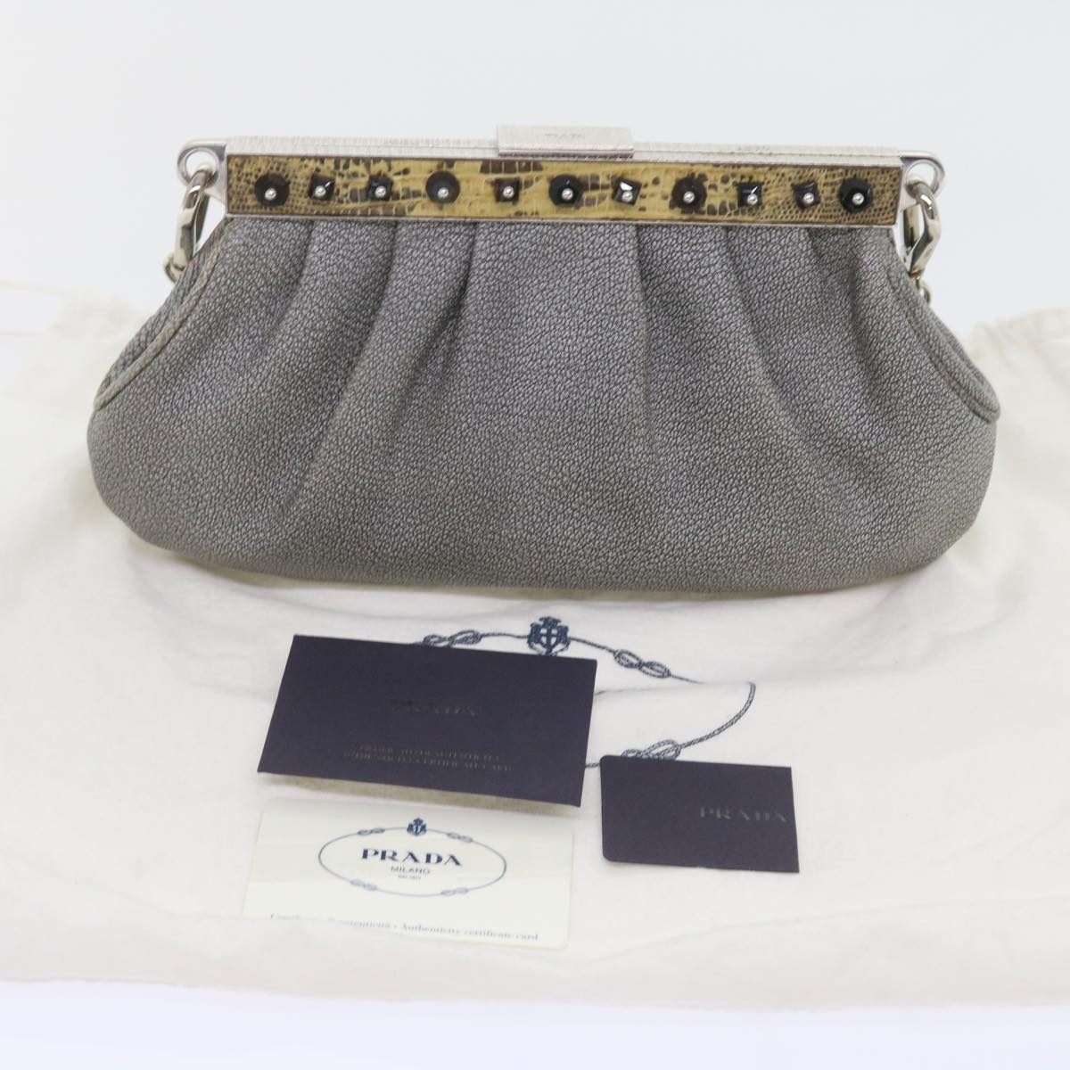 PRADA Gamaguchi Chain Shoulder Bag Leather Gray Auth ar10648B