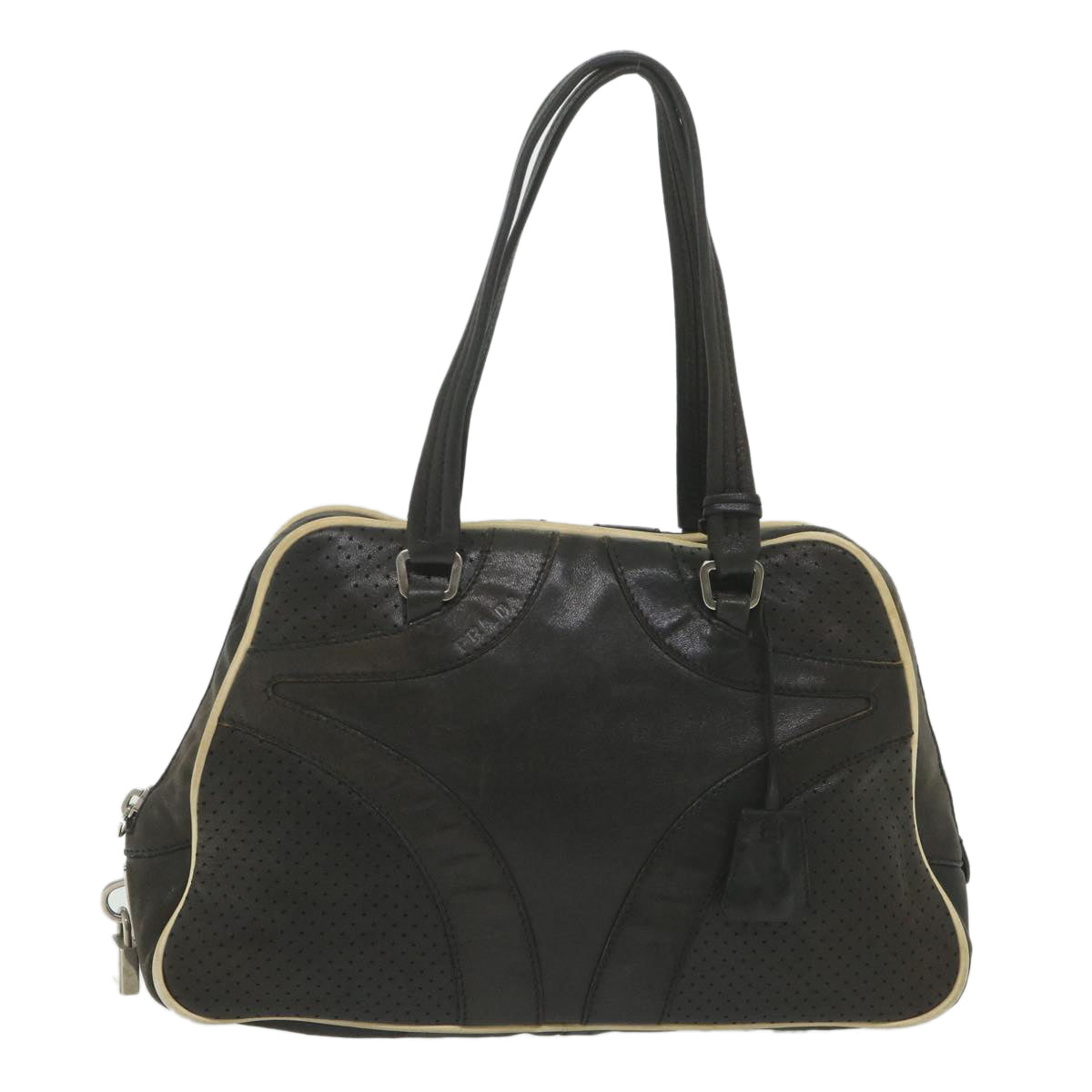PRADA Boston Bag Leather Black Auth ar10776