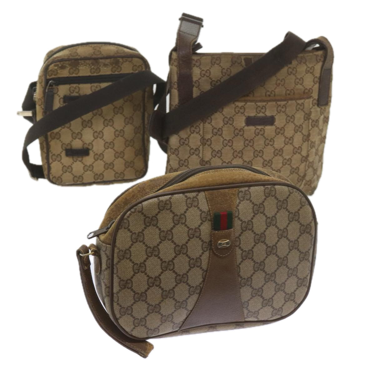 GUCCI GG Canvas Web Sherry Line Shoulder Bag 3Set Beige Auth ar10786