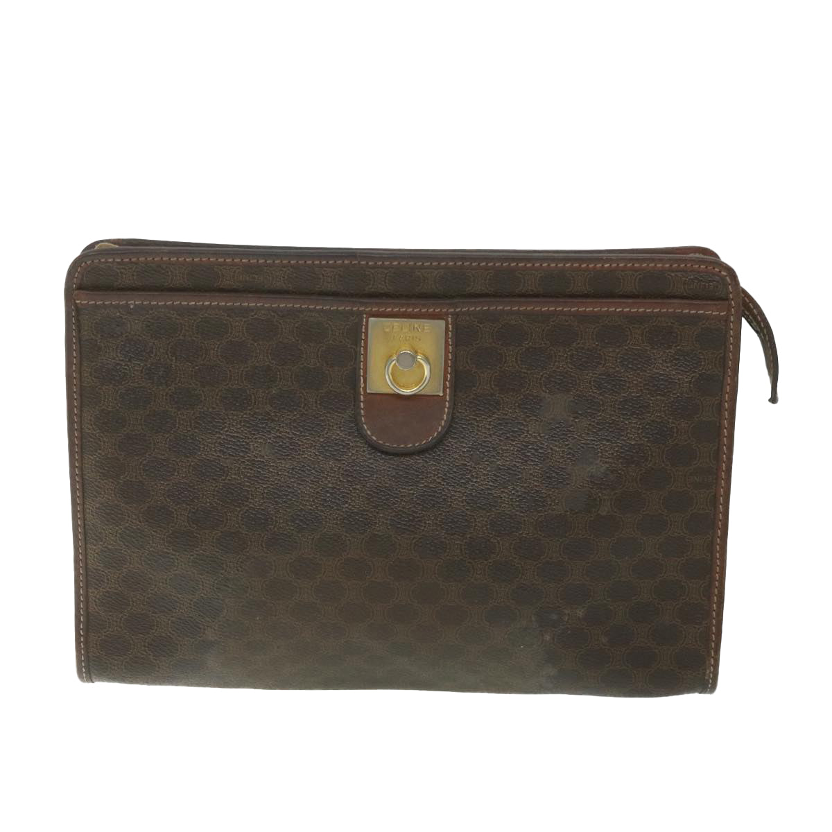 CELINE Macadam Canvas Clutch Bag PVC Leather 2Set Brown Auth ar10787 - 0