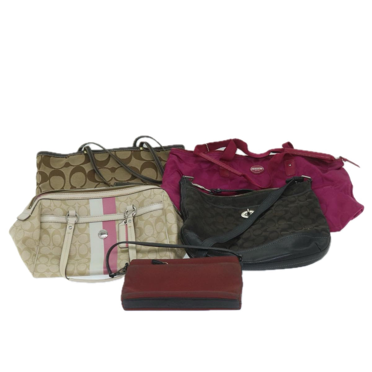 Coach Signature Shoulder Bag Canvas Leather Nylon 5Set Beige Pink Auth ar10804