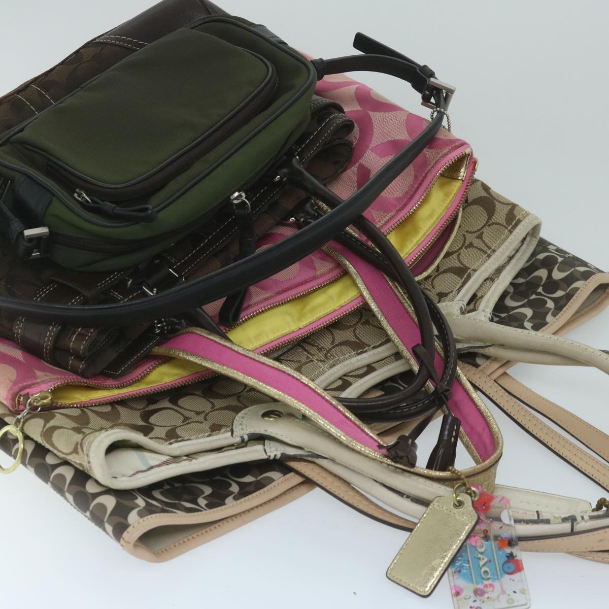 Coach Signature Tote Bag Canvas nylon 5Set Beige Pink Brown Auth ar10808