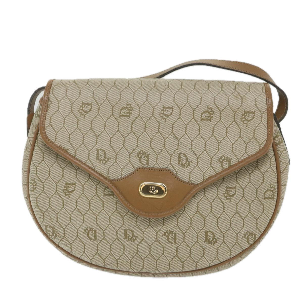 Christian Dior Honeycomb Canvas Shoulder Bag PVC Leather Beige Auth ar10883