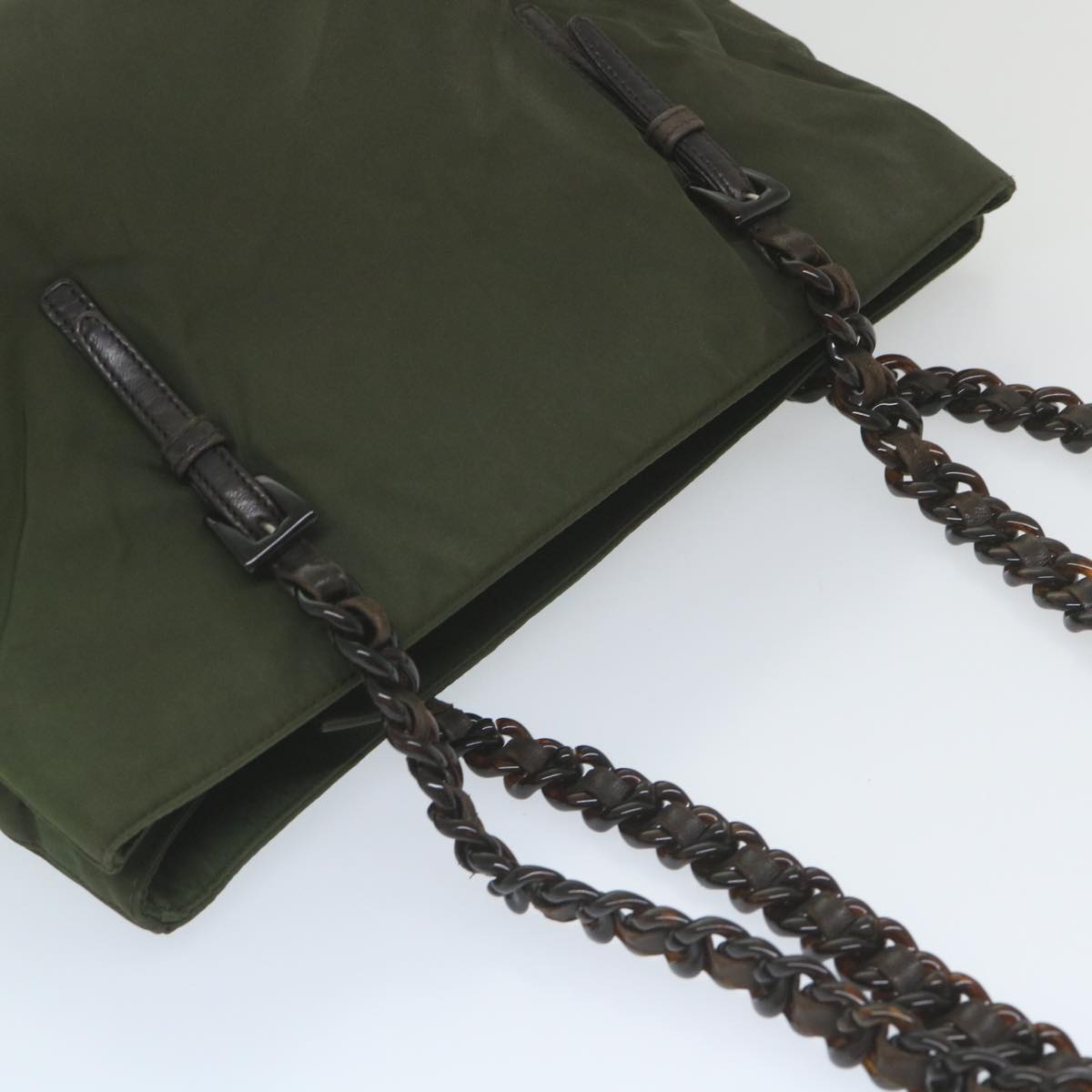 PRADA Chain Shoulder Bag Nylon Khaki Auth ar10884