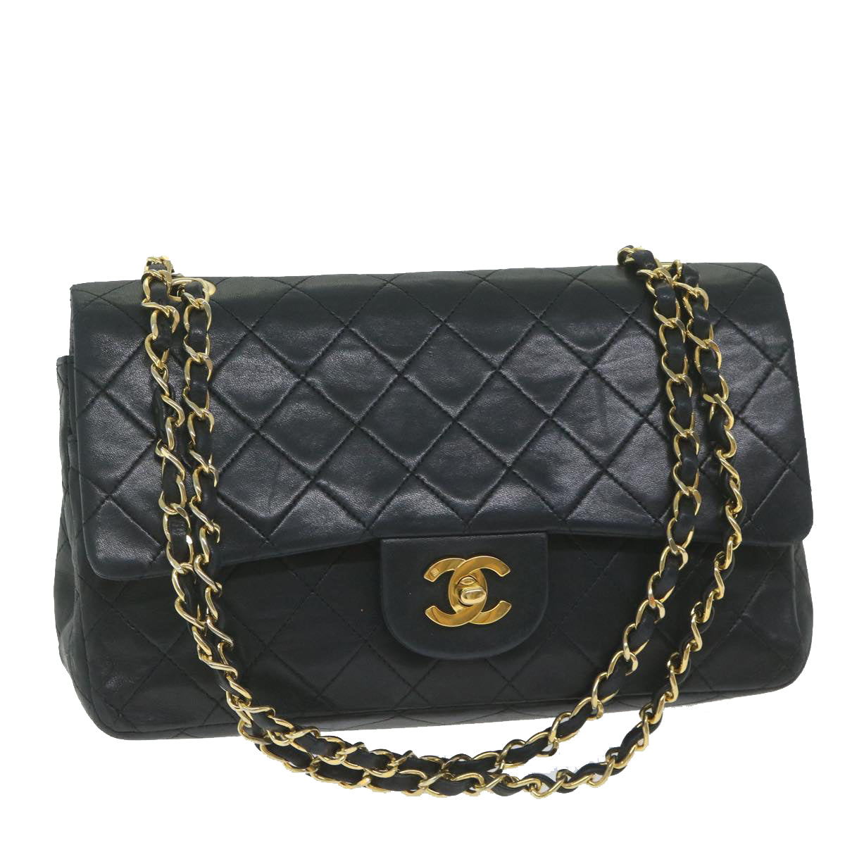 CHANEL Matelasse Turn Lock Chain Shoulder Bag Lamb Skin Black CC Auth ar10894A