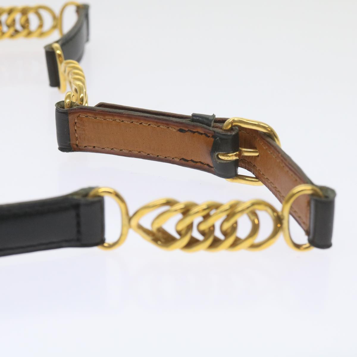 HERMES Chain Belt Leather 28.3""-29.5"" Black Gold Auth ar10901