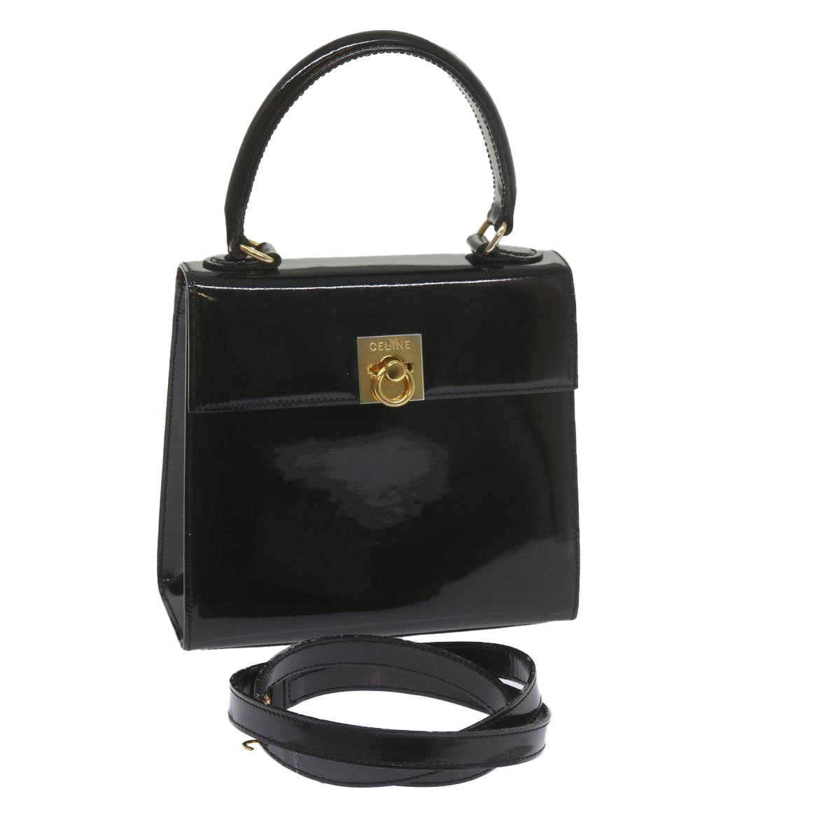 CELINE Hand Bag Patent leather 2way Black Auth ar10948B