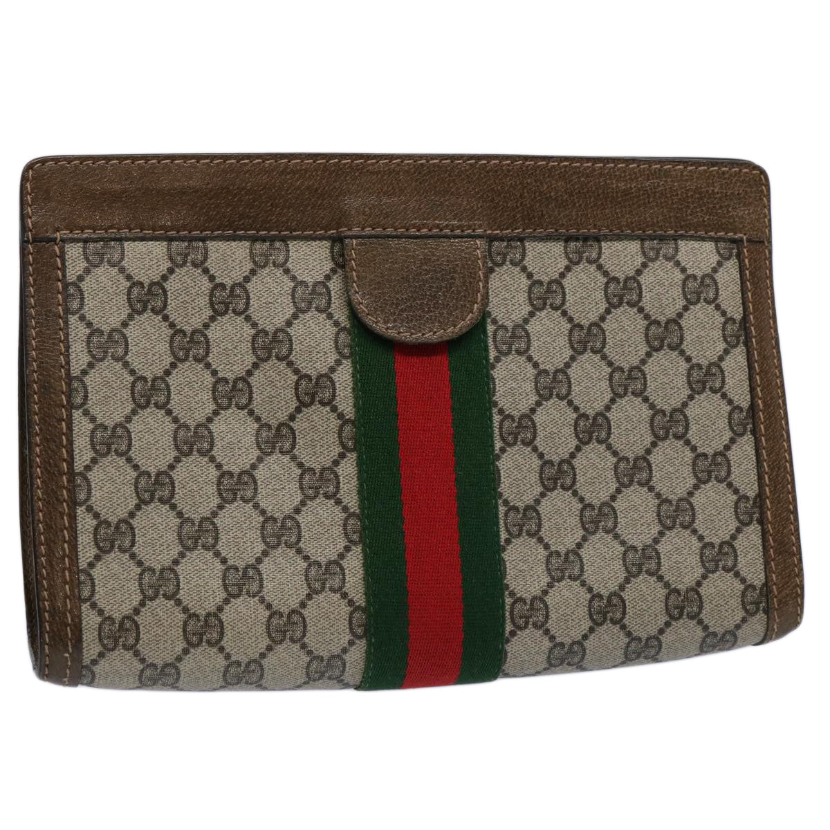 GUCCI GG Supreme Web Sherry Line Clutch Bag Beige Red 001.014.2125 Auth ar10999