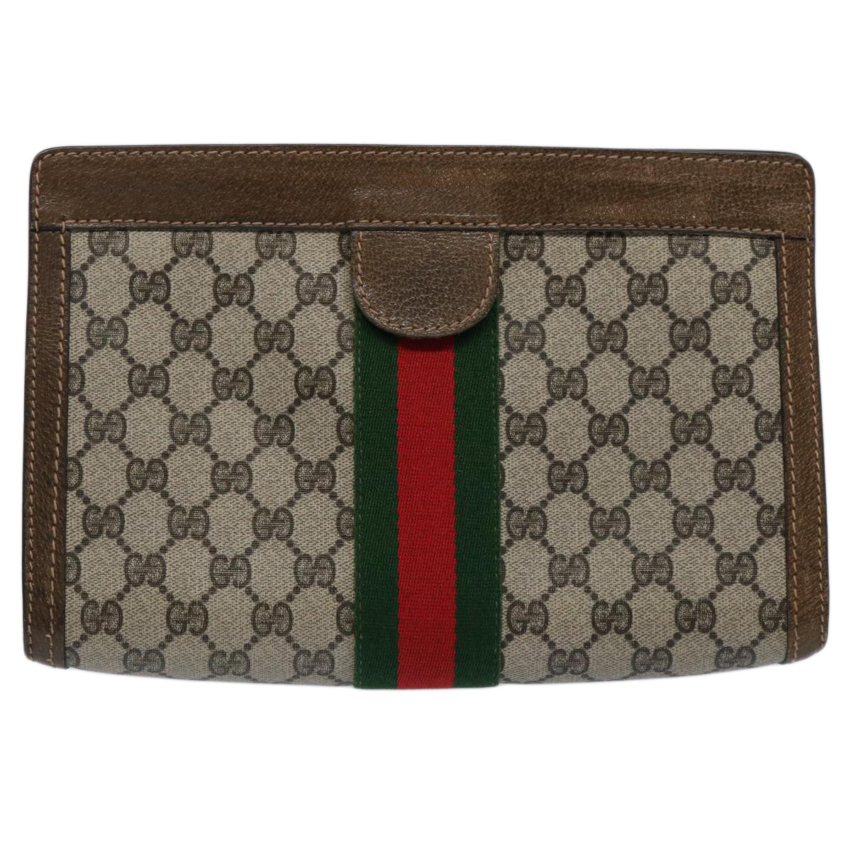 GUCCI GG Supreme Web Sherry Line Clutch Bag Beige Red 001.014.2125 Auth ar10999