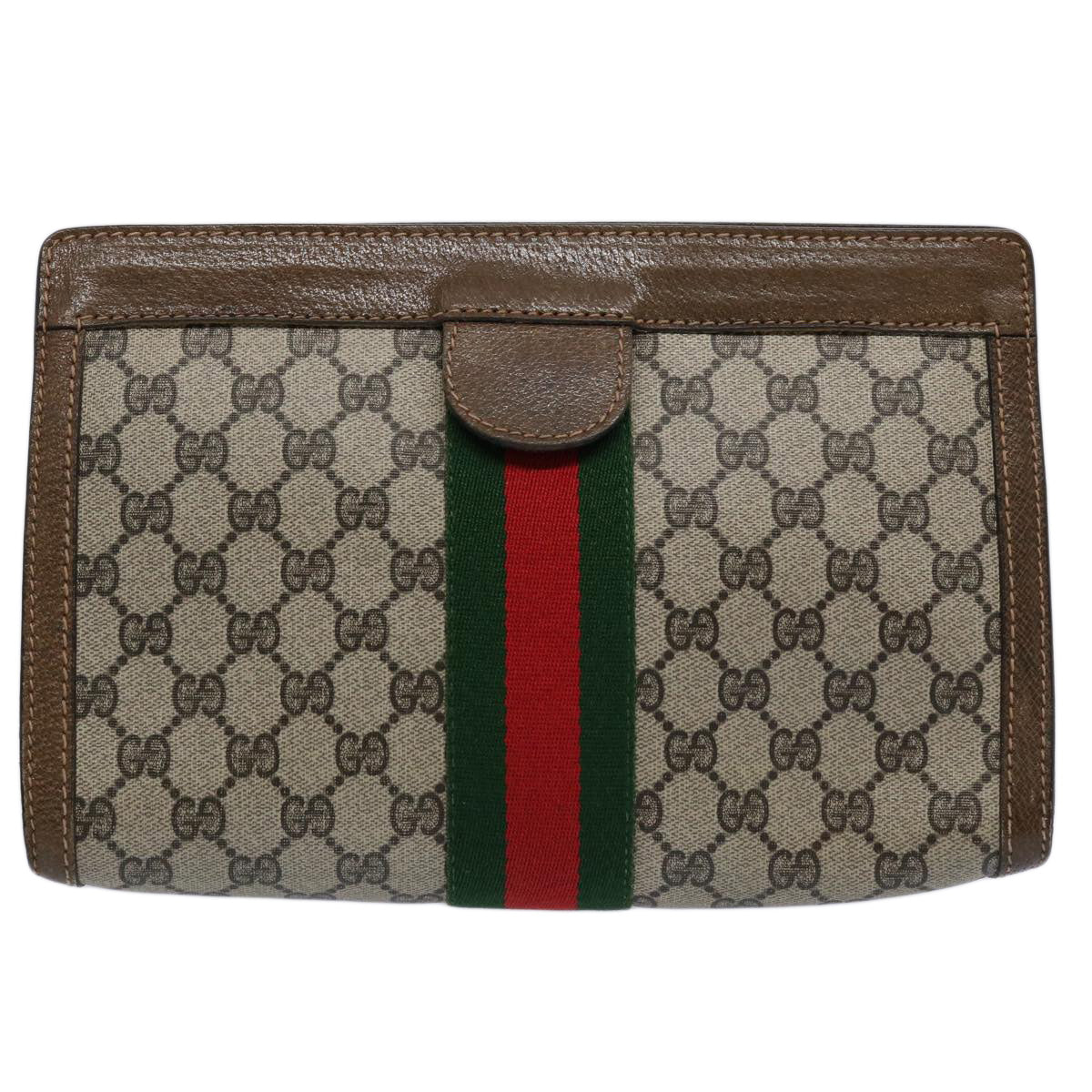 GUCCI GG Supreme Web Sherry Line Clutch Bag Beige Red 001.014.2125 Auth ar10999 - 0