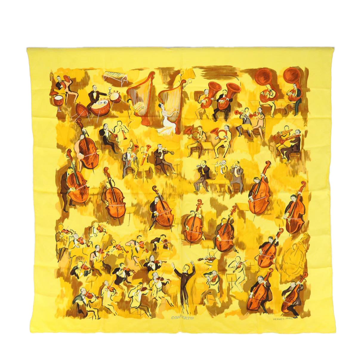 HERMES Carre 90 CONCERTO Scarf Silk Yellow Auth ar11060