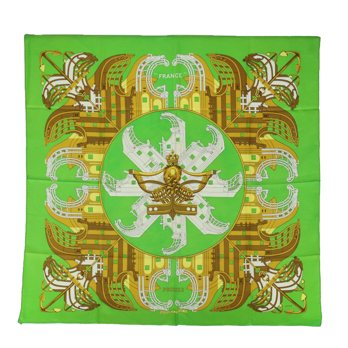 HERMES Carre 90 PROUES Scarf Silk Green Auth ar11065